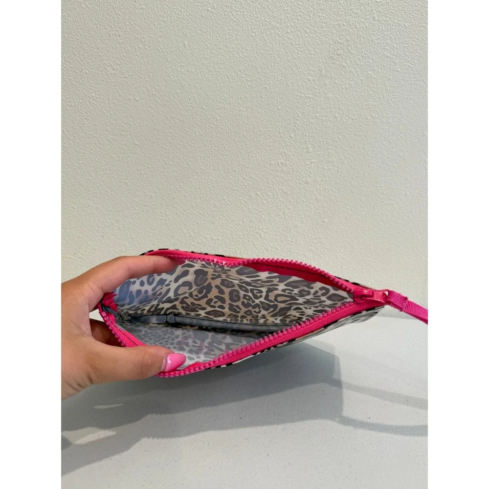 Liu Jo Leopard Print Cosmetic Bag Pink Wristlet Strap Animal Print Makeup Pouch